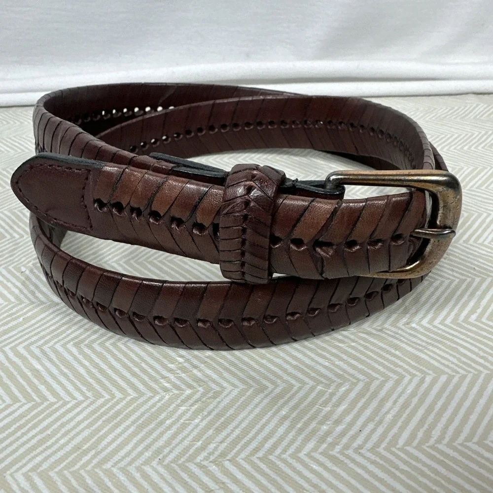 Mens Woven Braided Brown Leather Belt 100% genuine leather Solid Brass Buckle 32